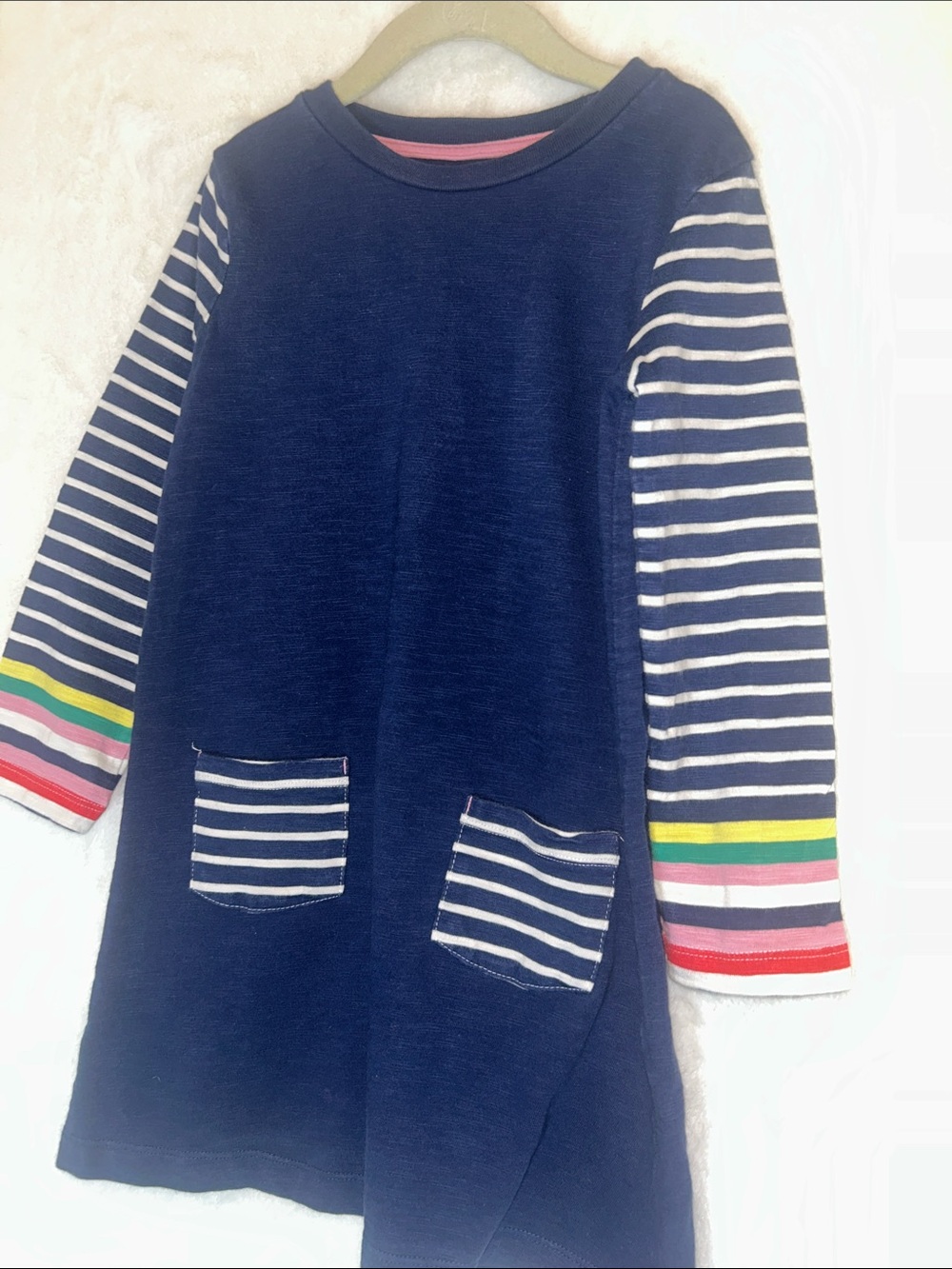 Mini Boden Navy Blue Long Sleeve Dress with Stripe Sleeves with matching tights